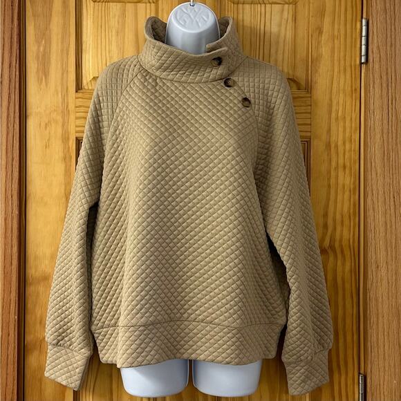 V582 Women’s 2 Way Button Up Cowl Neck or Collared Long Sleeve Sz M Tan Pullover - Picture 3 of 15